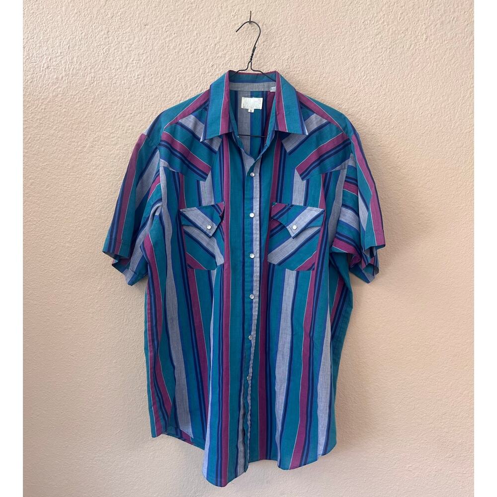 Vintage 80s Express Riders striped pearl snap western shirt size L